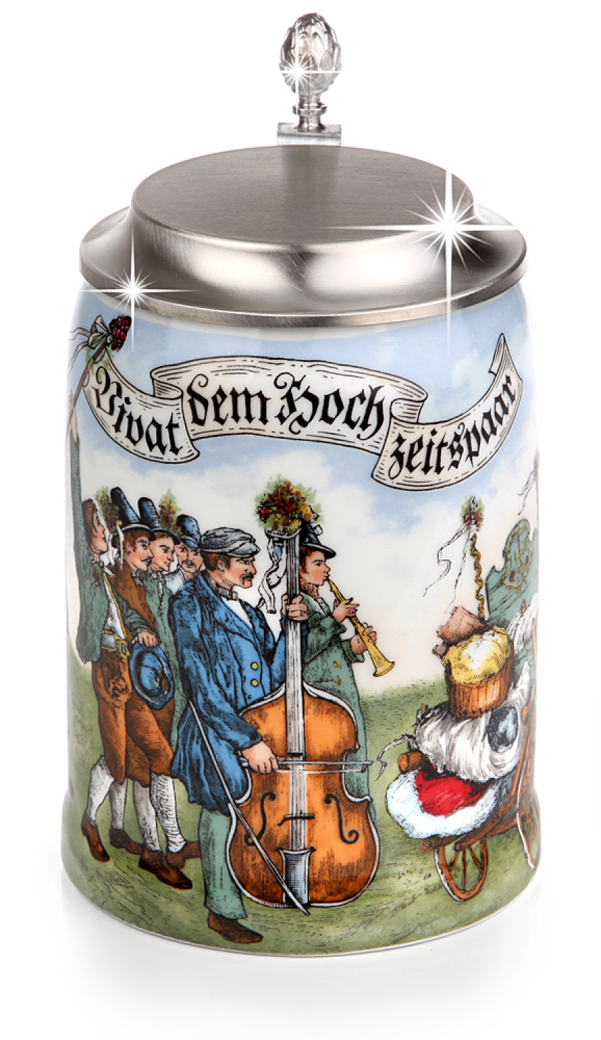Hochzeitskrug mit Zinndeckel - Ein Hoch dem Hochzeitspaar - Porzellankrug