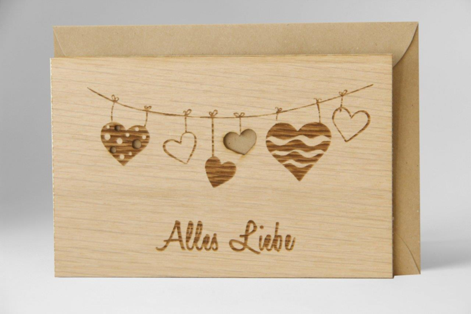Glückwunschkarte aus Holz "Alles Liebe", Holzgrußkarte faltbar