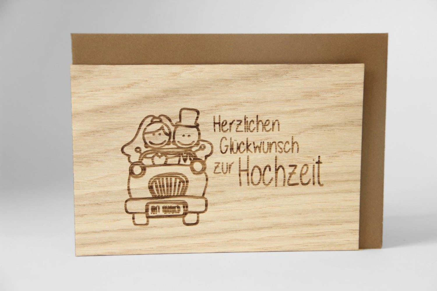 Glückwunschkarte aus Holz "Herzlichen Glückwunsch zur Hochzeit", Holzgrußkarte faltbar