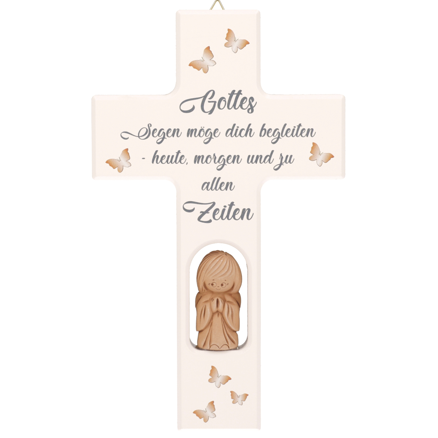 Holzkreuz Gottes Segen mit Ton Schutzengel und Gebet - Gravurfähig