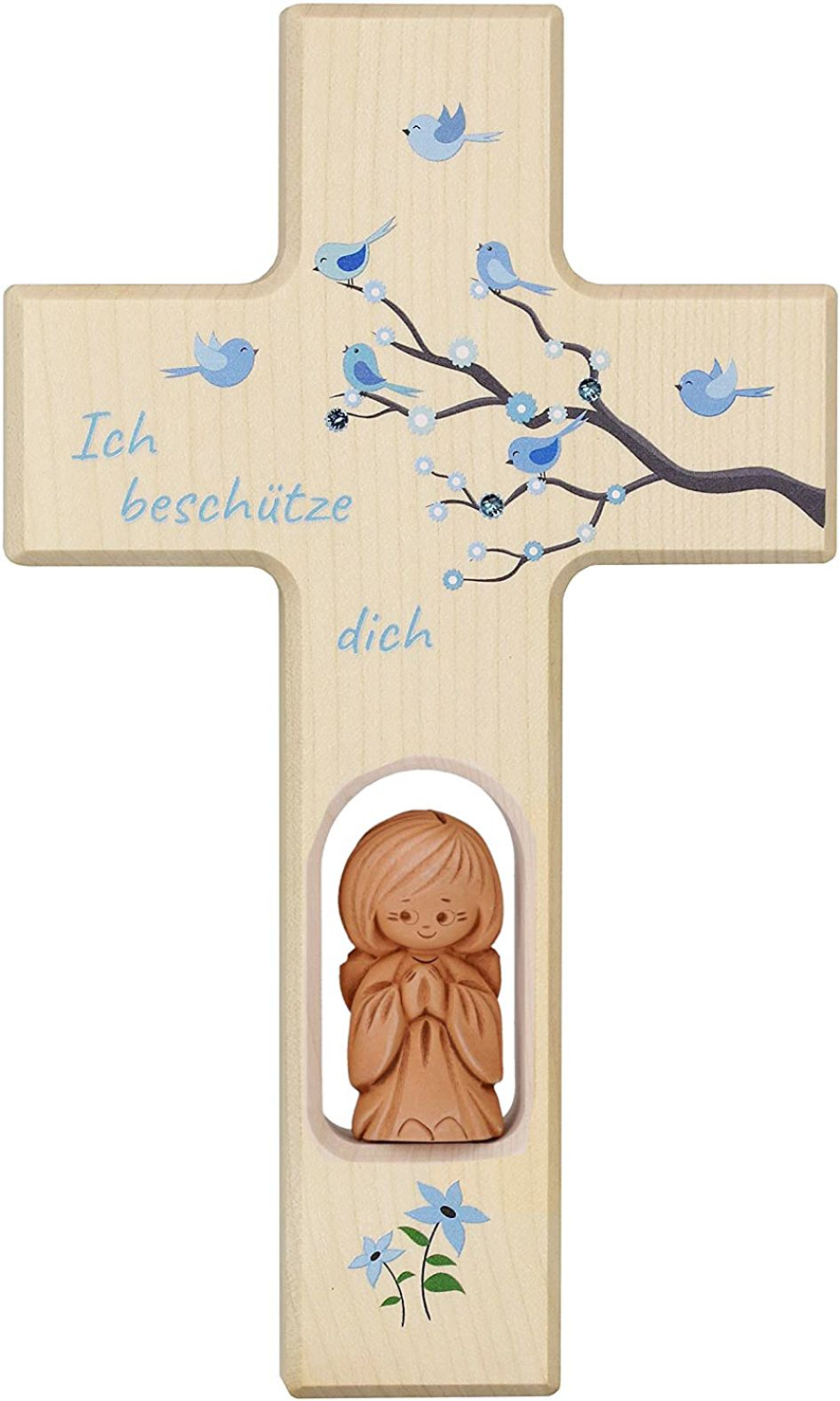 Kinderkreuz mit Schutzengel und Lebensbaum, Gebetskreuz mit Gravur Hellblau, Gravurfähig