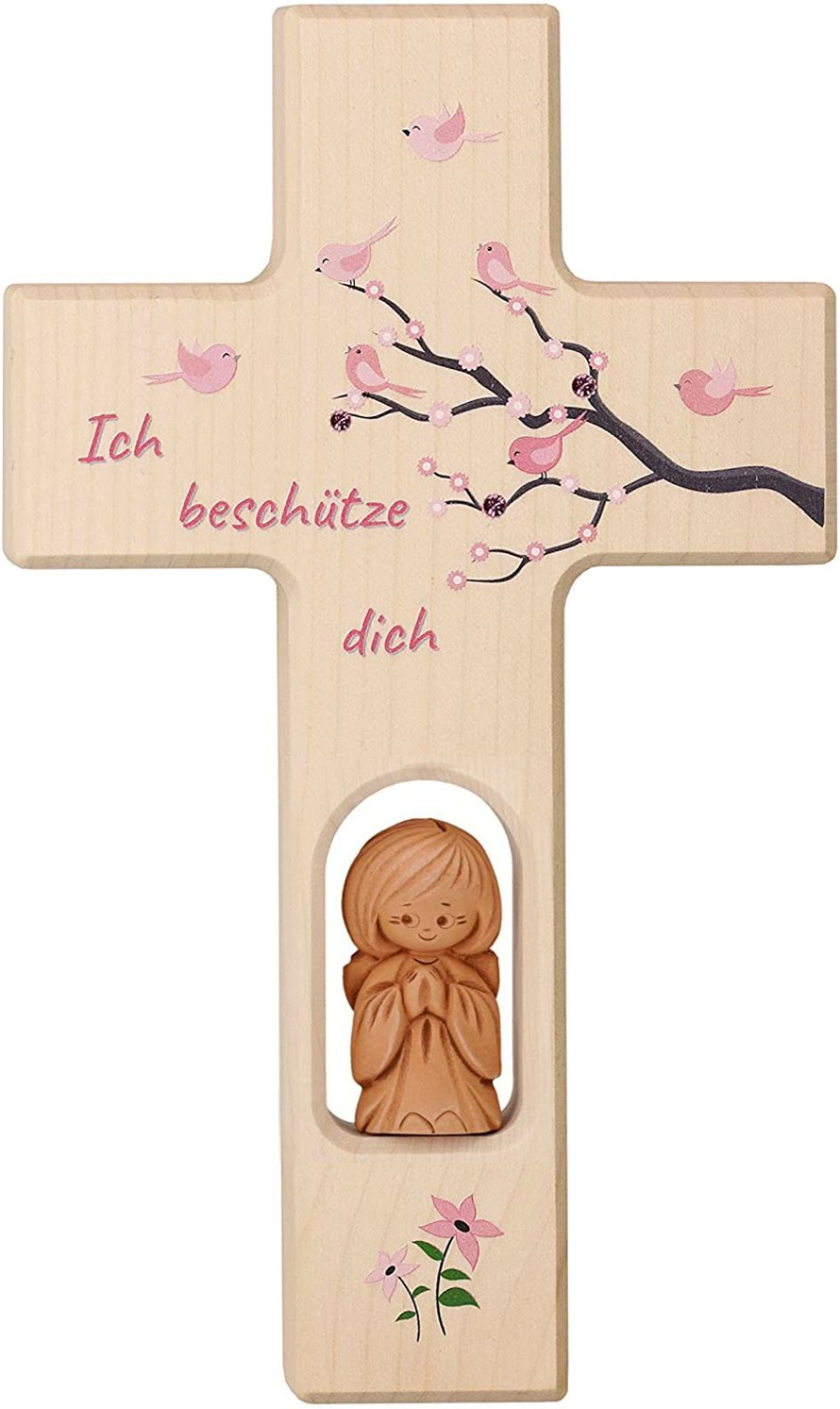 Kreuz mit Ton Schutzengel und Lebensbaum, Gott schütze Dich, Gebetskreuz mit Gravur Rosa, Gravurfähig