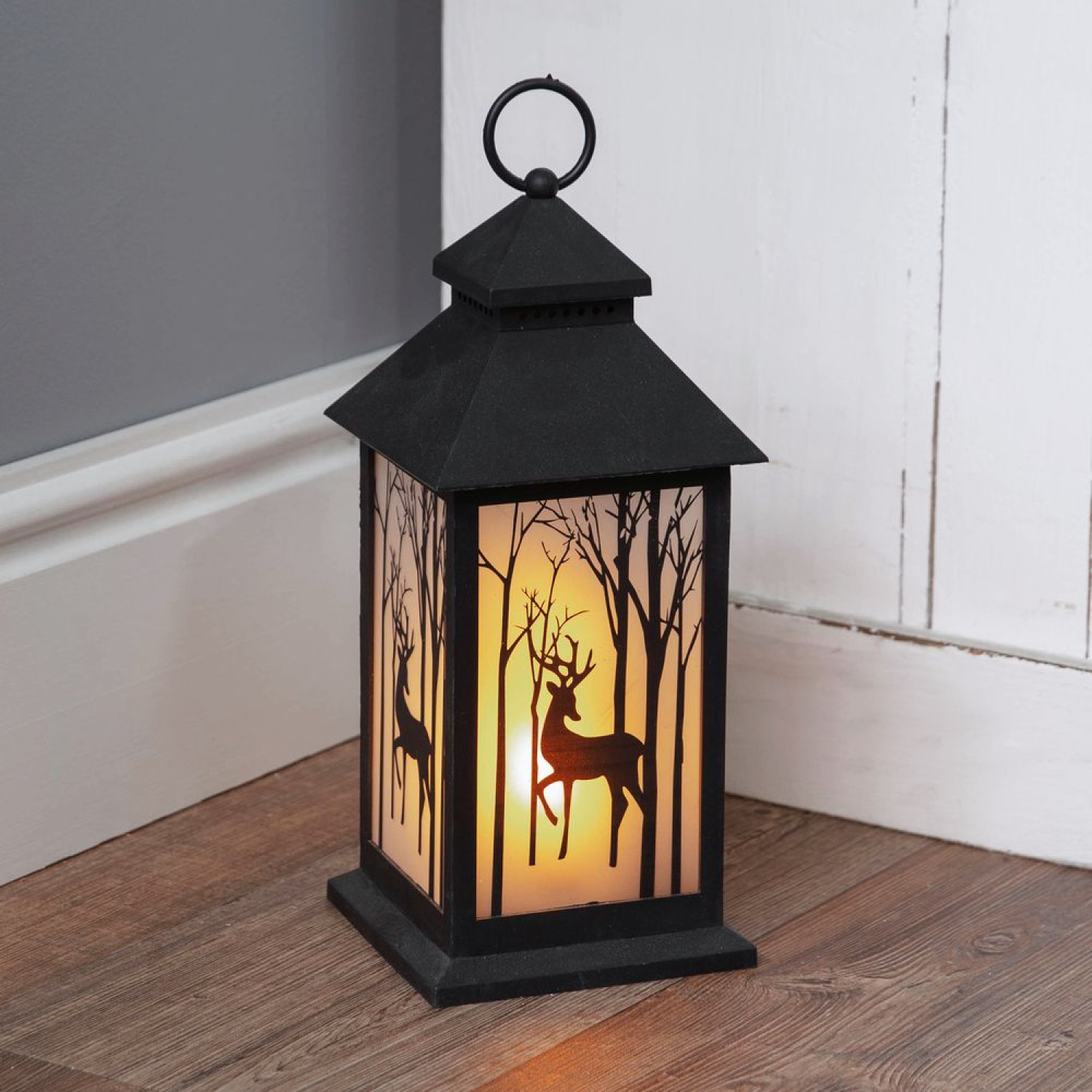Laterne mit Wald & Reh Silhouette + LED Flackereffekt