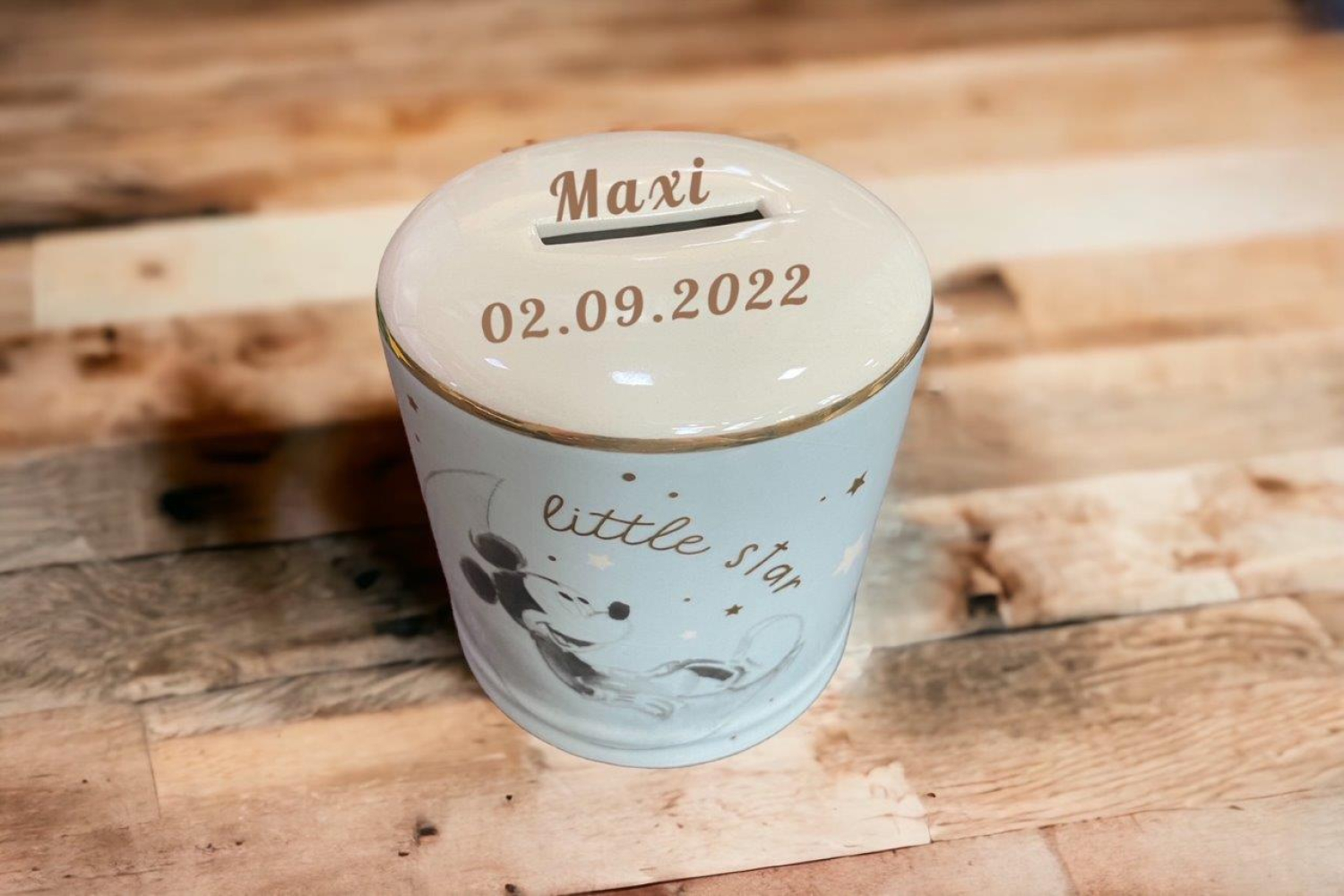 Spardose Disney Mickey Maus  Keramik - Mit Name und Datum