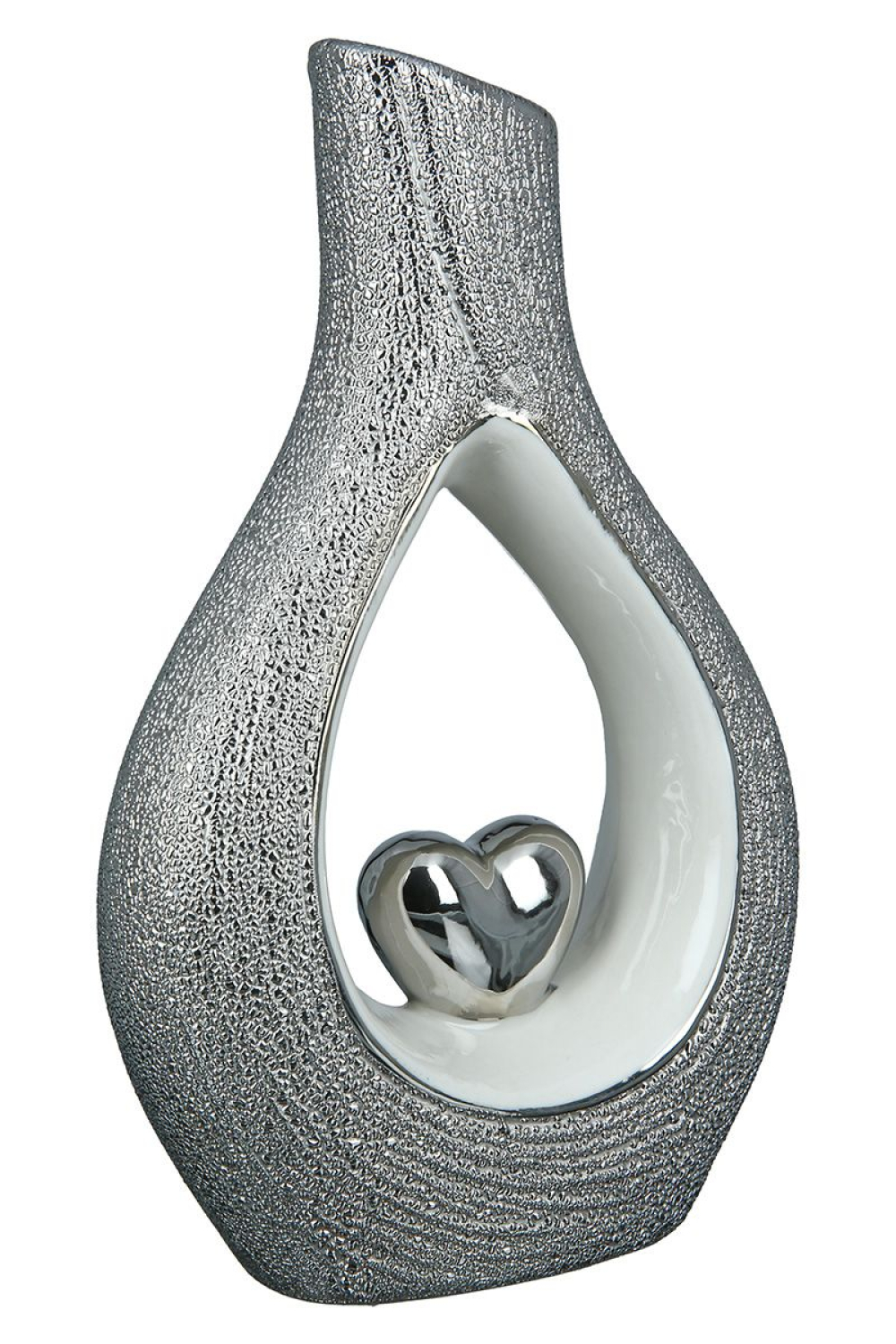 Vase, Herzmotiv, Porzellan, weiß, silberfarben, Höhe 26 cm
