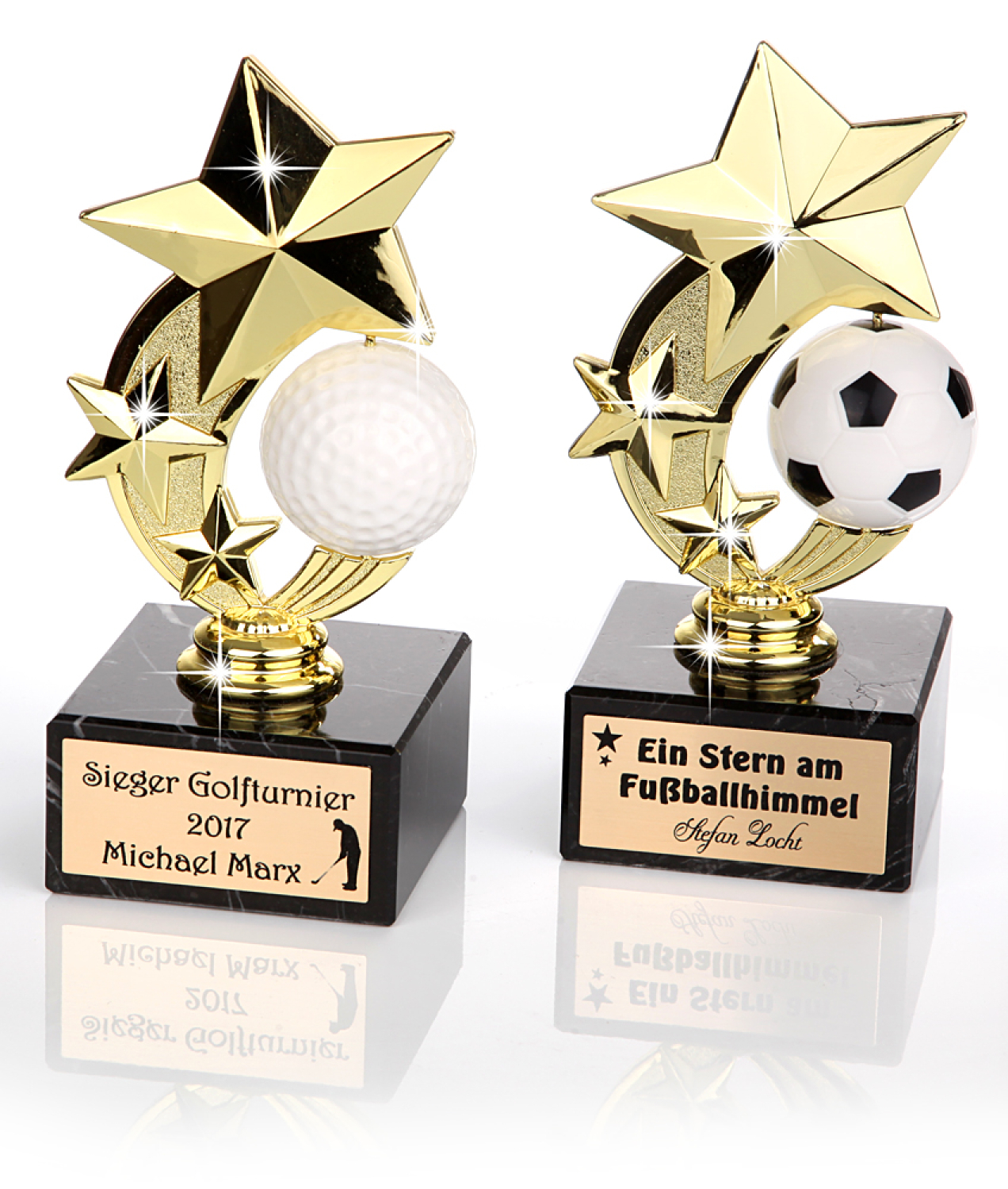 Der Sternenpreis Fußball, Fußballtrophäe Gold, Ehrepreis auf Marmor Sockel incl. Gravur - Fußball Pokal