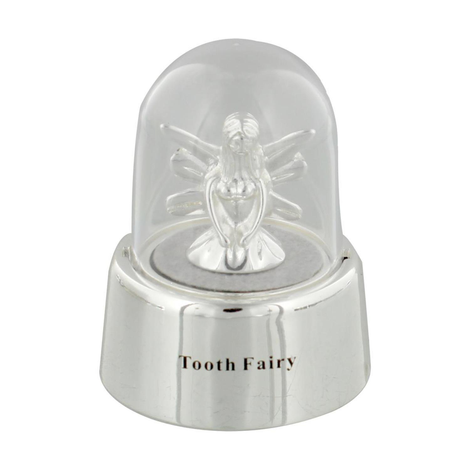 Die silberne Milchzahndose mit Zahnfee &  Glaskuppel - Gravurfähig