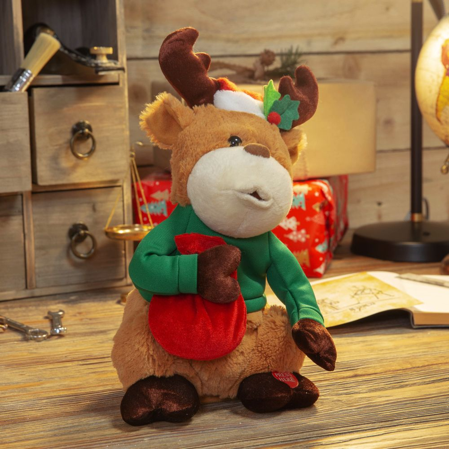 Rudolf das niedliche Rentier pfeifft Jingle Bells und wünscht frohe Weihachten