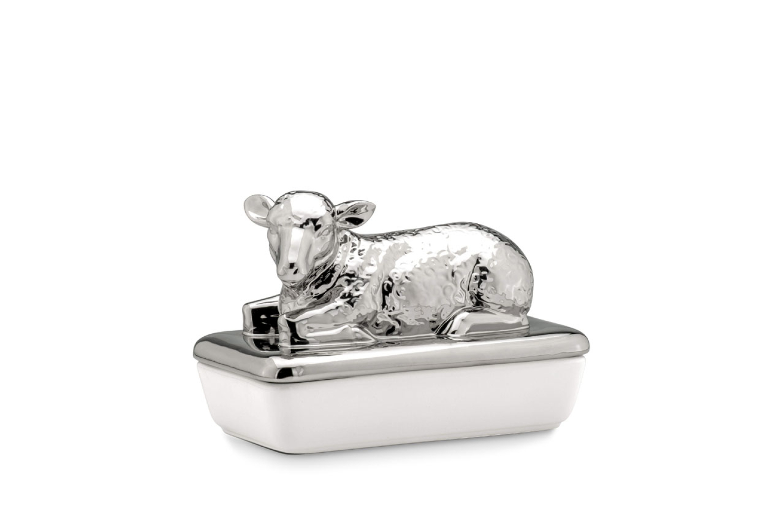Porzellandose mit Lammdeckel, Dose mit Lammdeckel silber glänzend