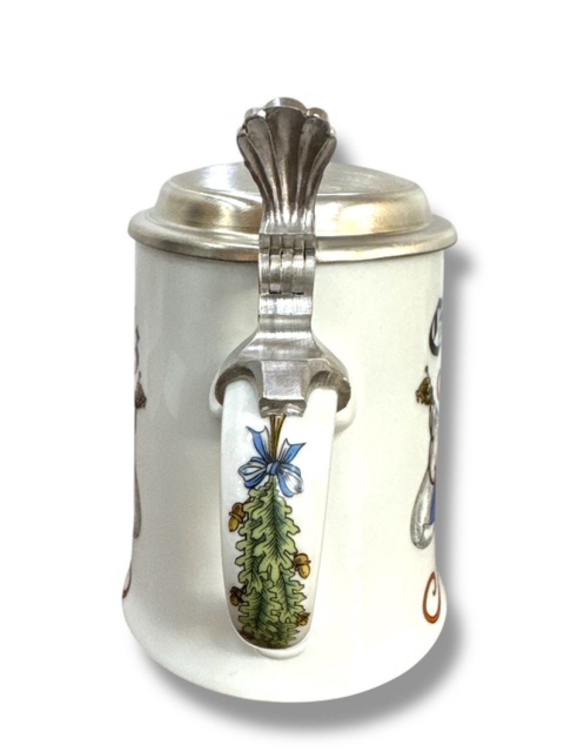 Bierkrug für Kegler mit Zinndeckel, Porzellankrug Gut Holz - Gravurfähig