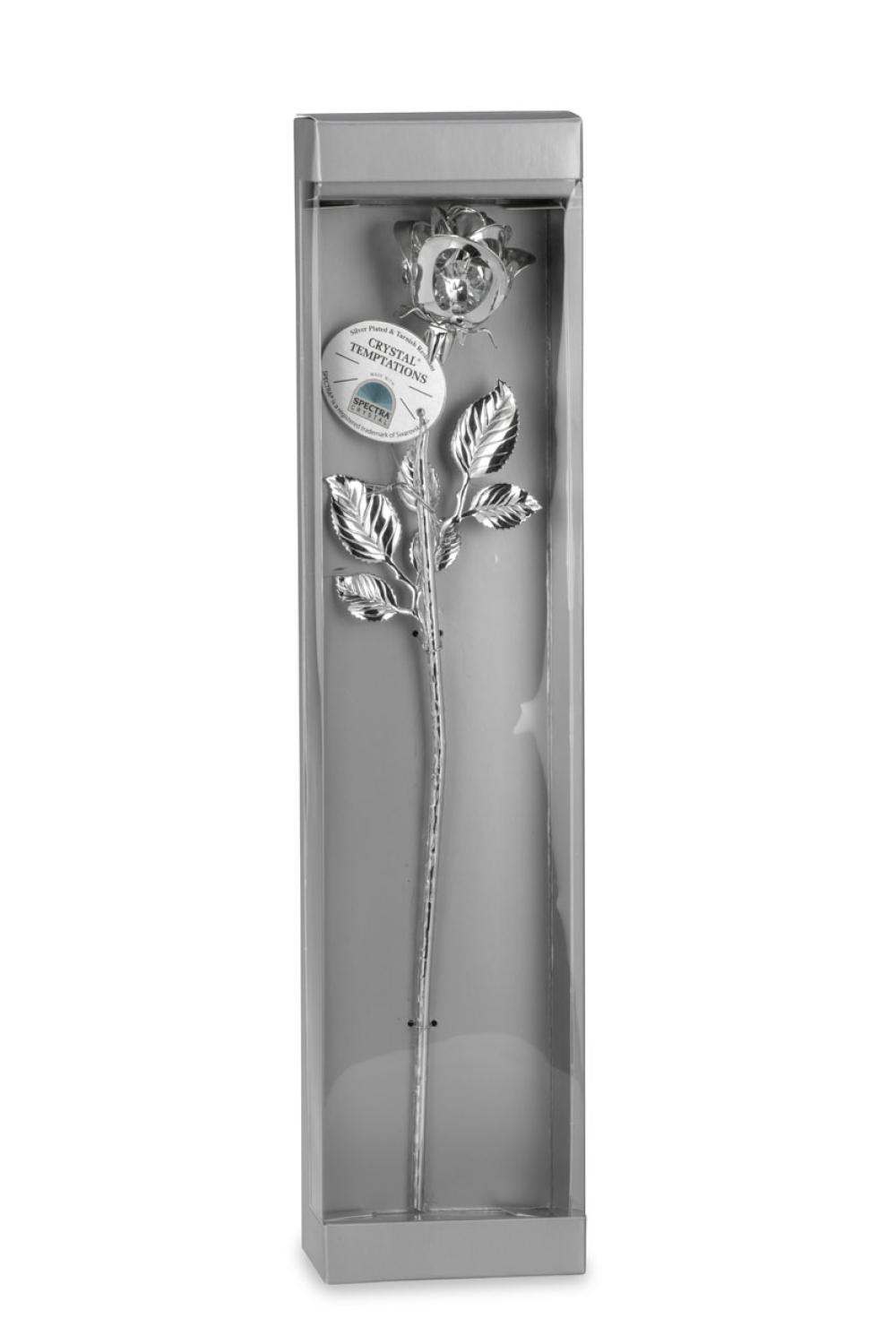Silberrose mit 3 Kristallen 30 cm - Rose aus Silber - Versilberte Rose