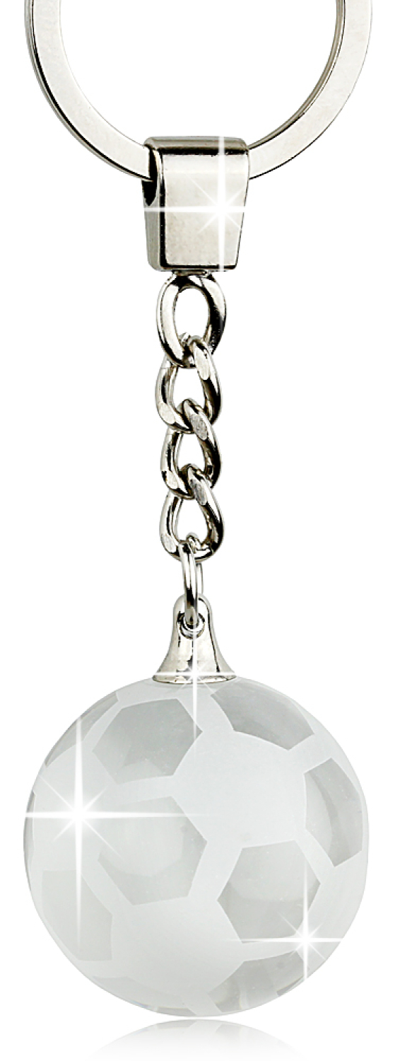 Schlüsselanhänger Fußball aus gelasertem Glas in Geschenkbox