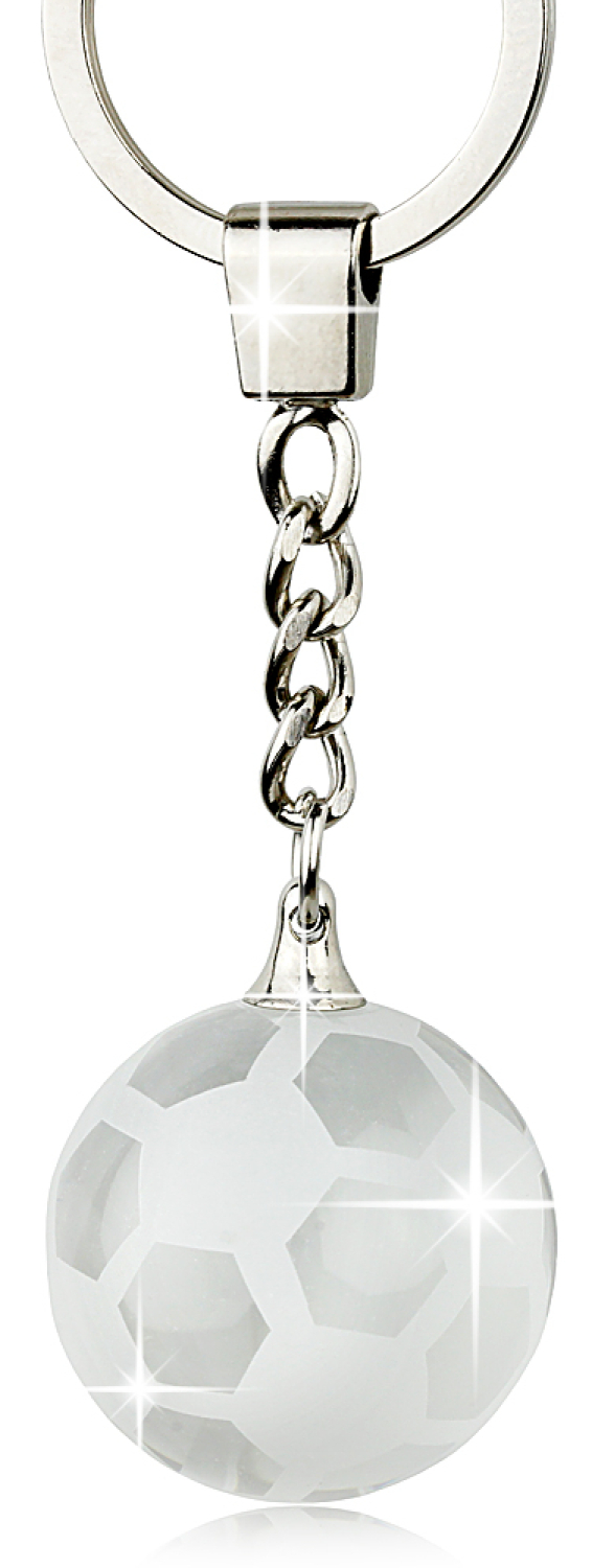 Schlüsselanhänger Fußball aus gelasertem Glas in Geschenkbox
