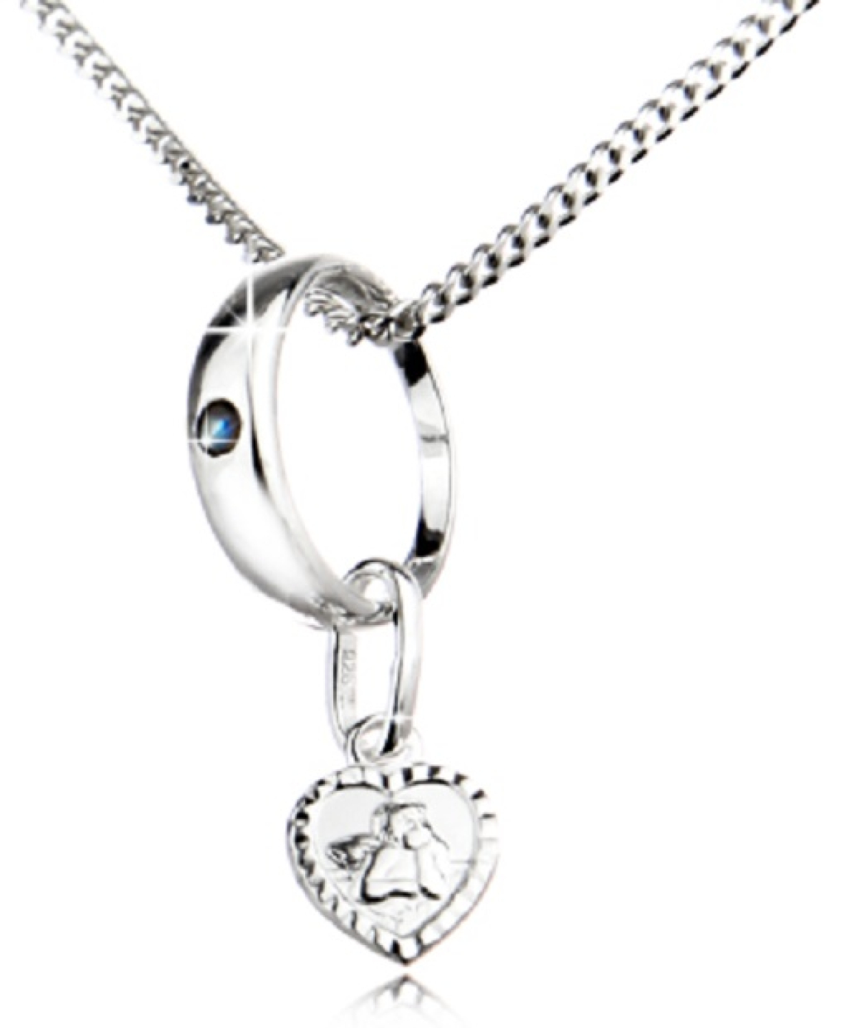 Schmuckset Echt Silber - Taufring mit Safir und Schutzengel Anhänger in Herzform inkl. Kette! Echt Silber - Taufgeschenk für Buben