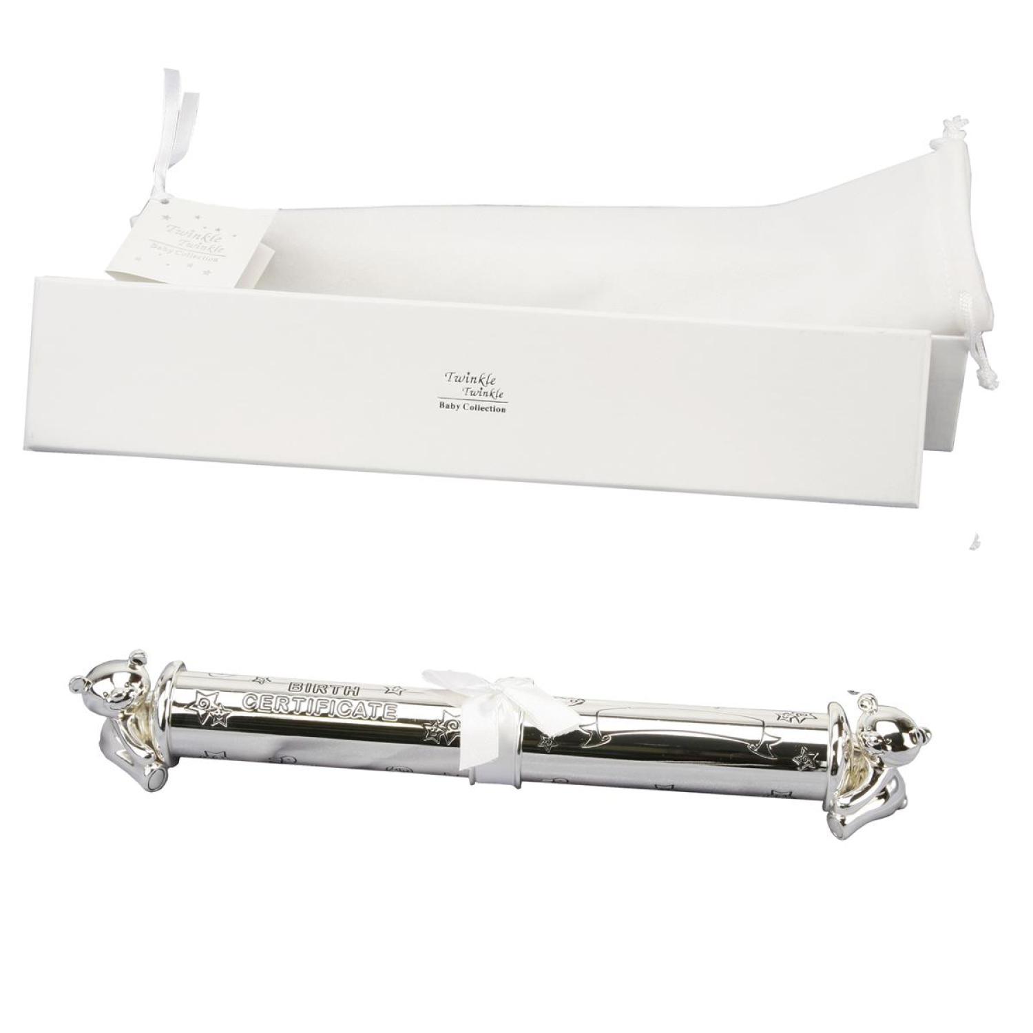 Die silberne Twinkle Rolle für die Geburtsurkunde - Taufgeschenk Geburtsurkundenrolle mit Bärchen Versilbert