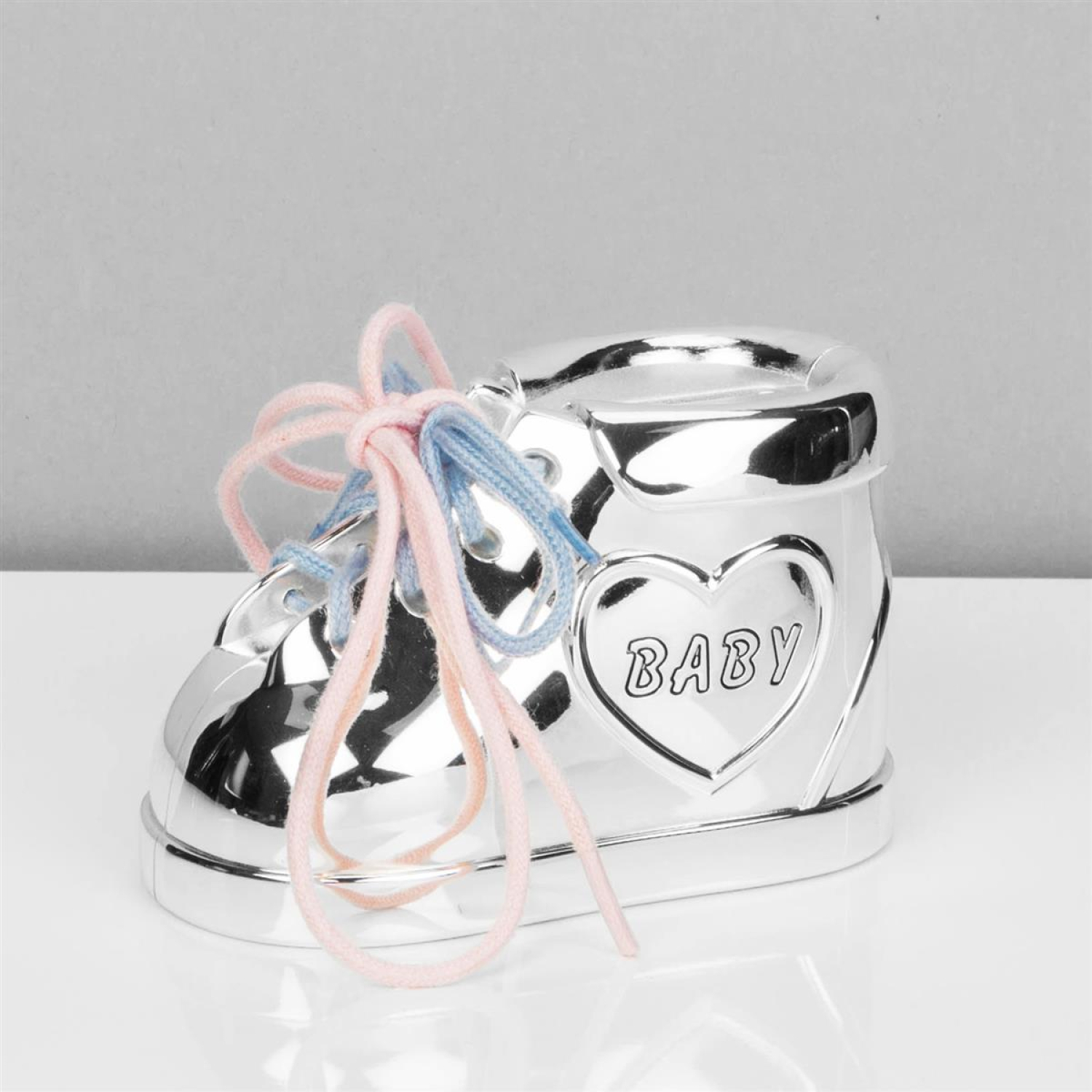 Spardose Babyschuh versilbert mit Schnürsenkel blau - rosa!