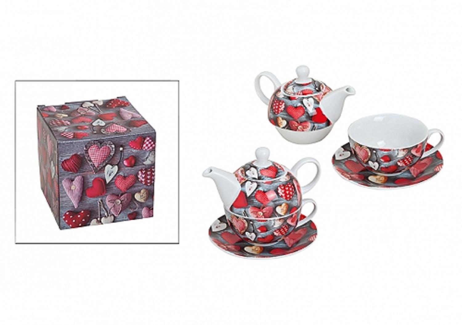 Tea for one mit Herz - Wunderschöne Teekanne mit Tasse & Untersetzer im Set - Tee-Service 3-tlg. Teekannen-Set mit Herzdekor aus Porzellan