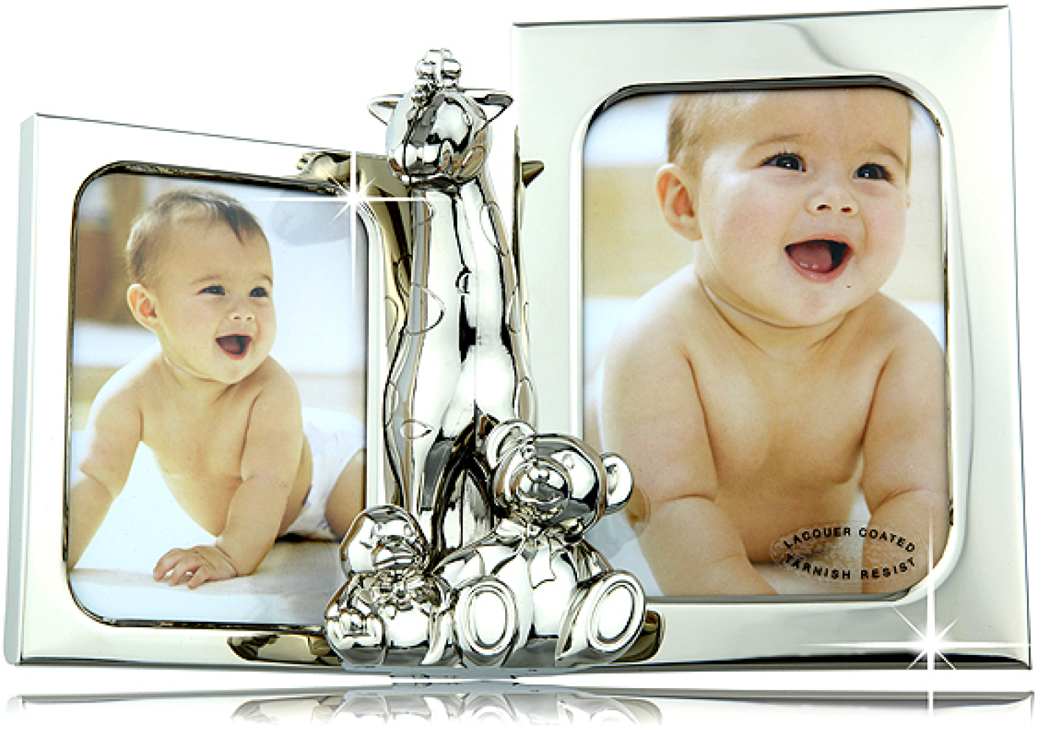 Der versilberte Fotorahmen mit Giraffe & Teddys - Doppelbilderrahmen für Kinder