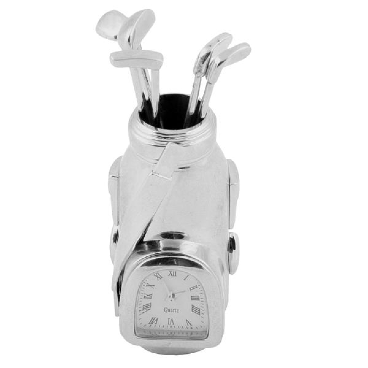Schreibtischuhr Golfbag - Versilbert ! Miniaturuhr für Golfer