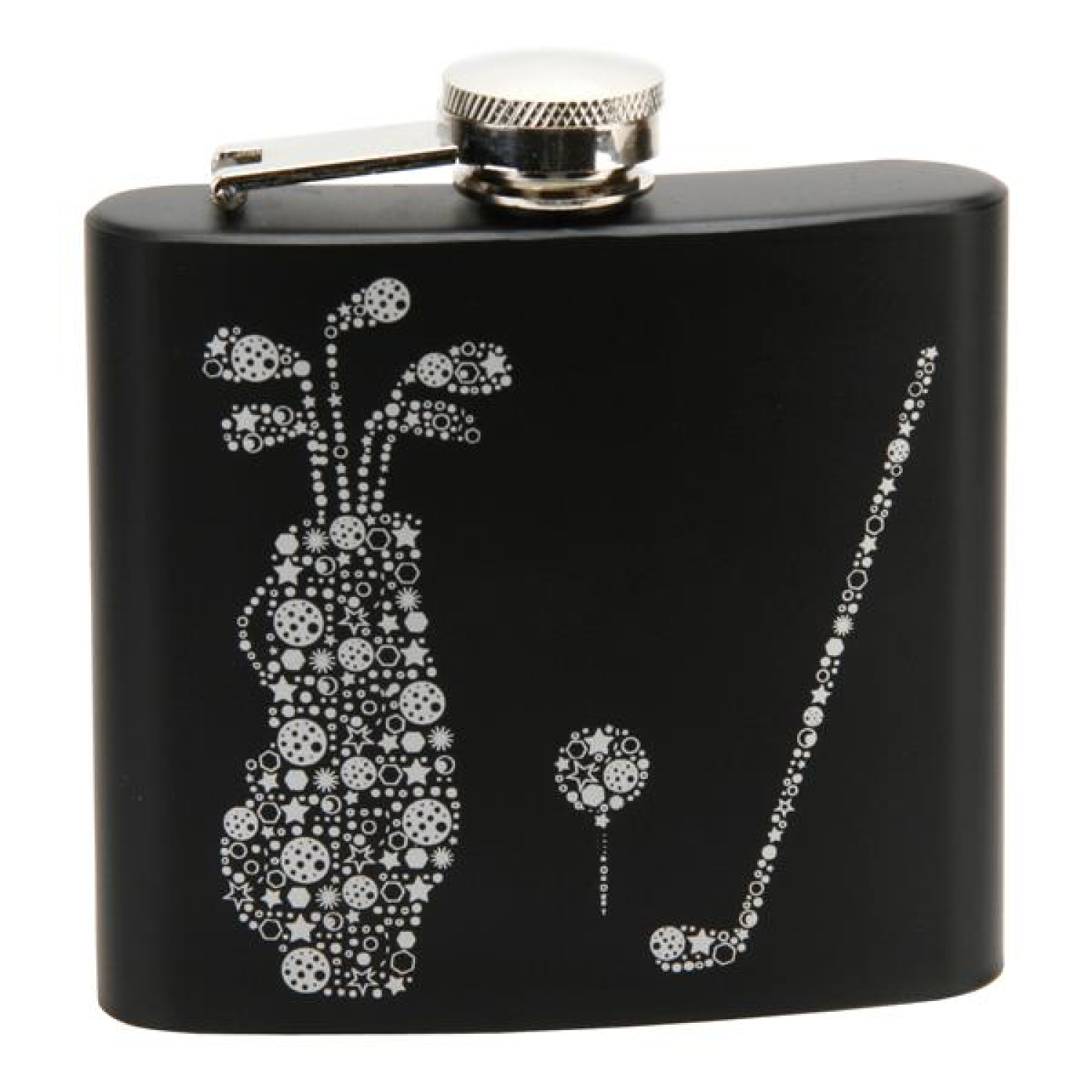 Der Design Flachmann mit silbernen Golfmotiven in schwarzer Geschenkbox