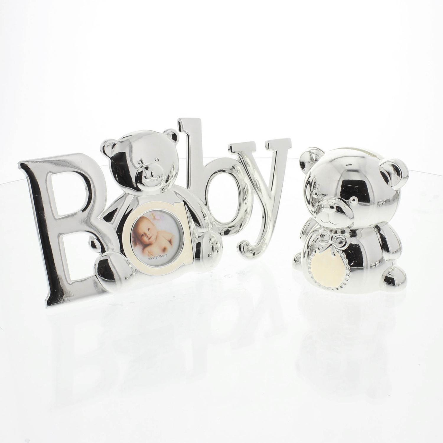 Das versilberte Geschenkset - Bilderrahmen und Spardose Teddy