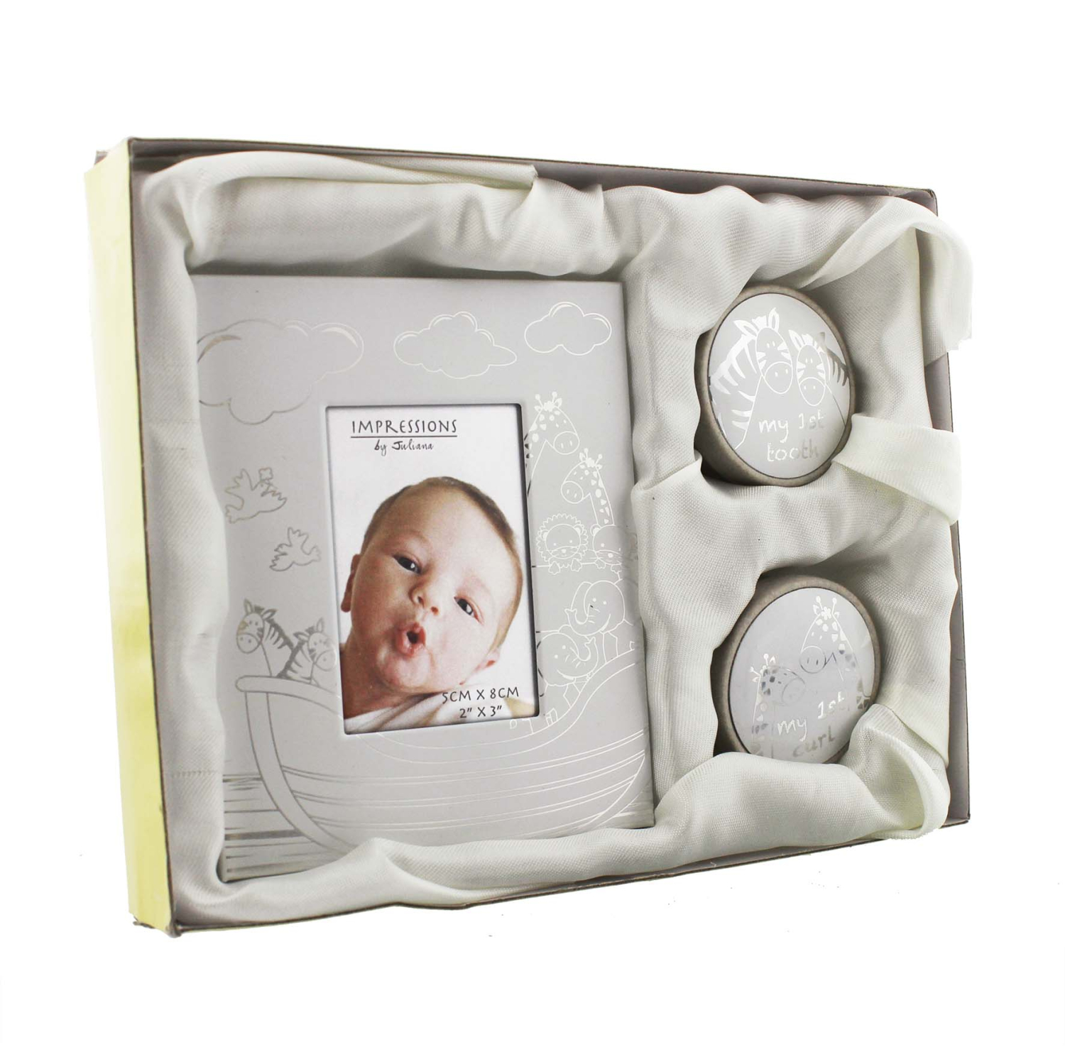 Das süße 3-teilige Arche Noah - Babyset Locken und Zahndose mit Bilderrahmen im Geschenkkarton