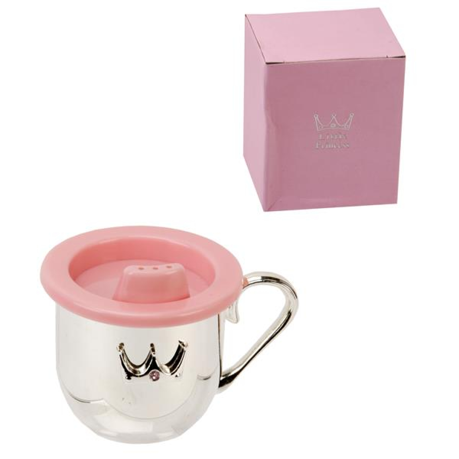 Der silberne Kinderbecher kleine Prinzessin mit Rosafarbenen Trinkaufsatz - Gravurfähig