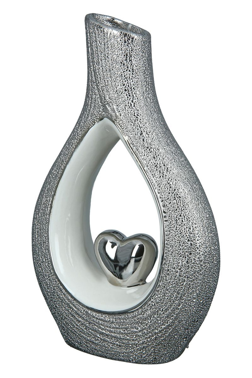 Vase, Herzmotiv, Porzellan, weiß, silberfarben, Höhe 26 cm