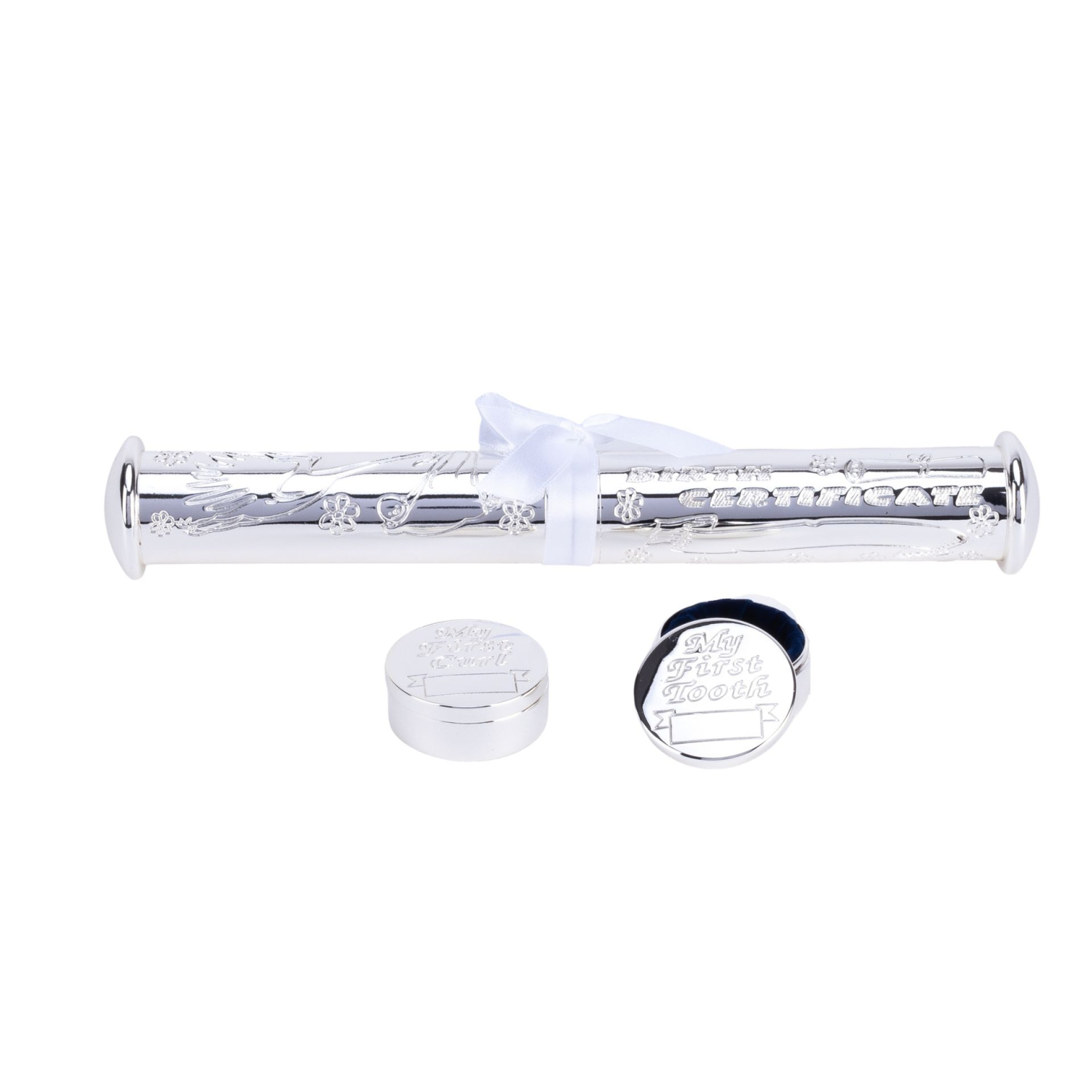 3 teiliges Geschenkset zur Geburt - Versilberte Zahn und Lockendose mit Geburtsurkundenhalter!