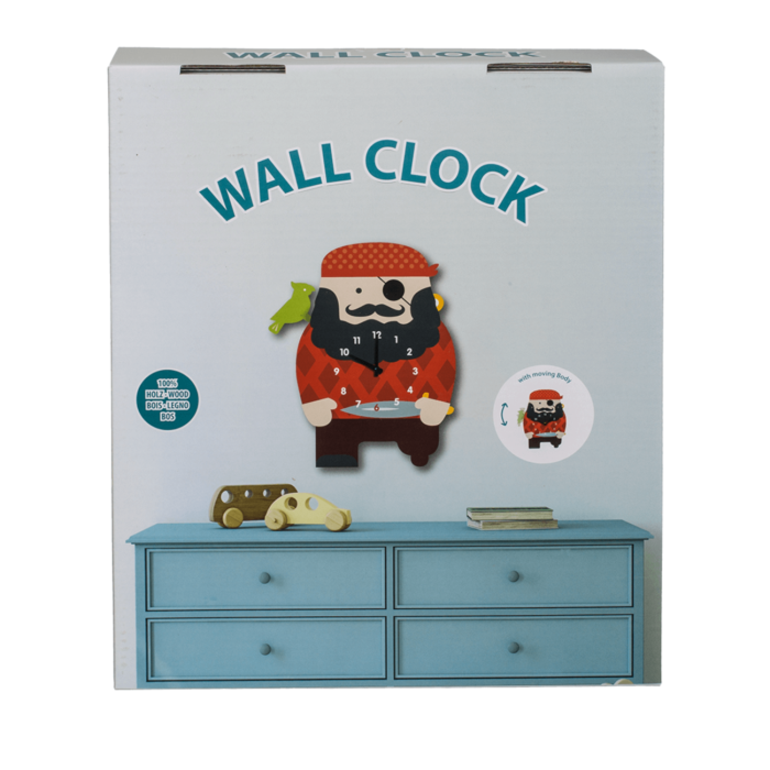 Wanduhr Pirat - Kinderuhr mit wippenden Papagei - Geschenk für Jungen