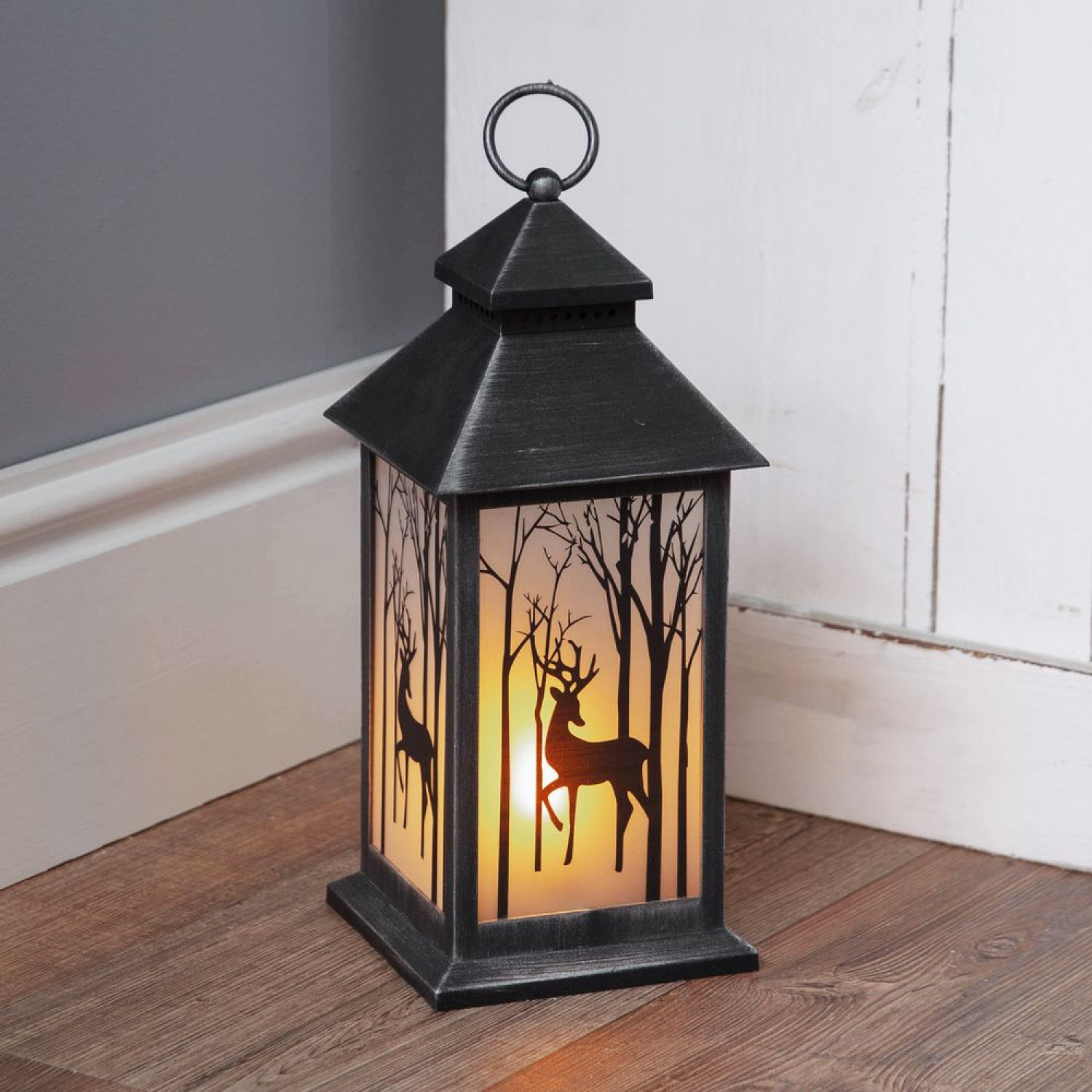 Laterne mit Wald & Reh Silhouette + LED Flackereffekt