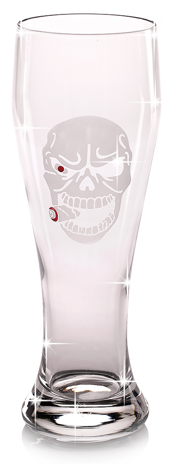 Kristall Weizenbierglas Smoking Skull, Bierglas mit Totenkopf rauchend
