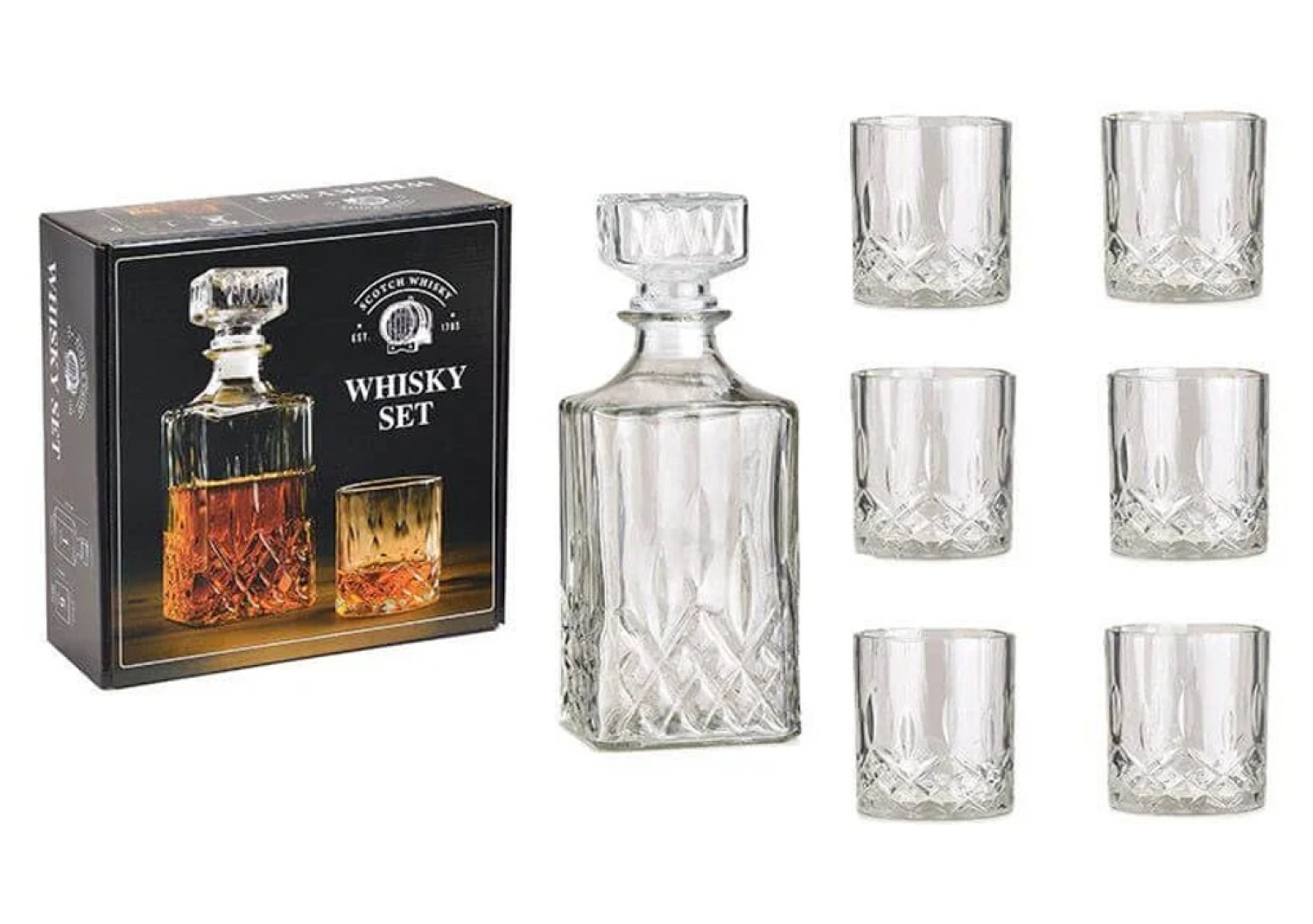 Geschenkset Whisky - 7 teilig - Karaffe mit 6 Gläsern