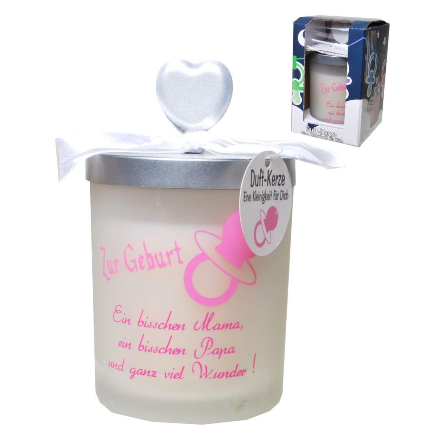 Windlicht zur Geburt mit Herzdeckel, Spruch und Babyschnuller Rosa