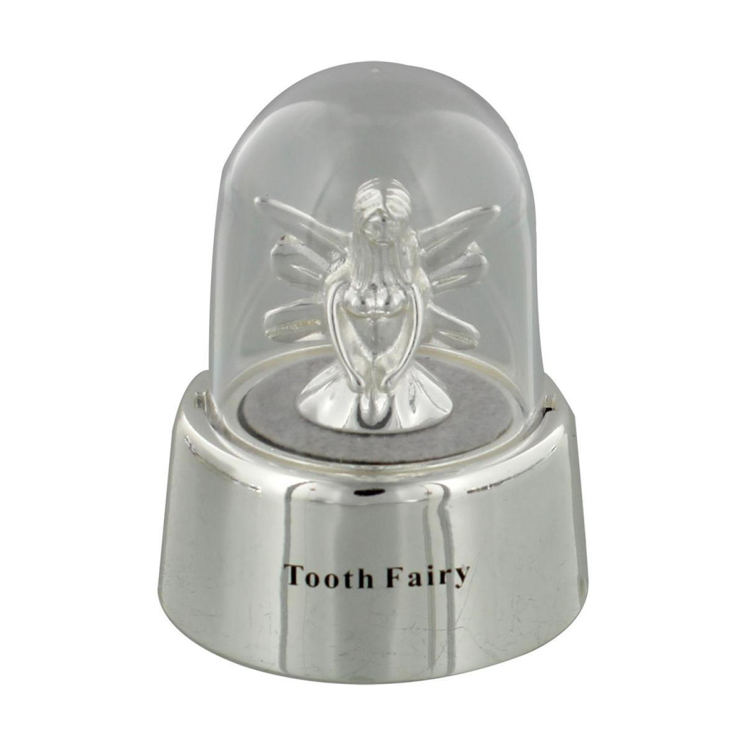 Die silberne Milchzahndose mit Zahnfee &  Glaskuppel - Gravurfähig
